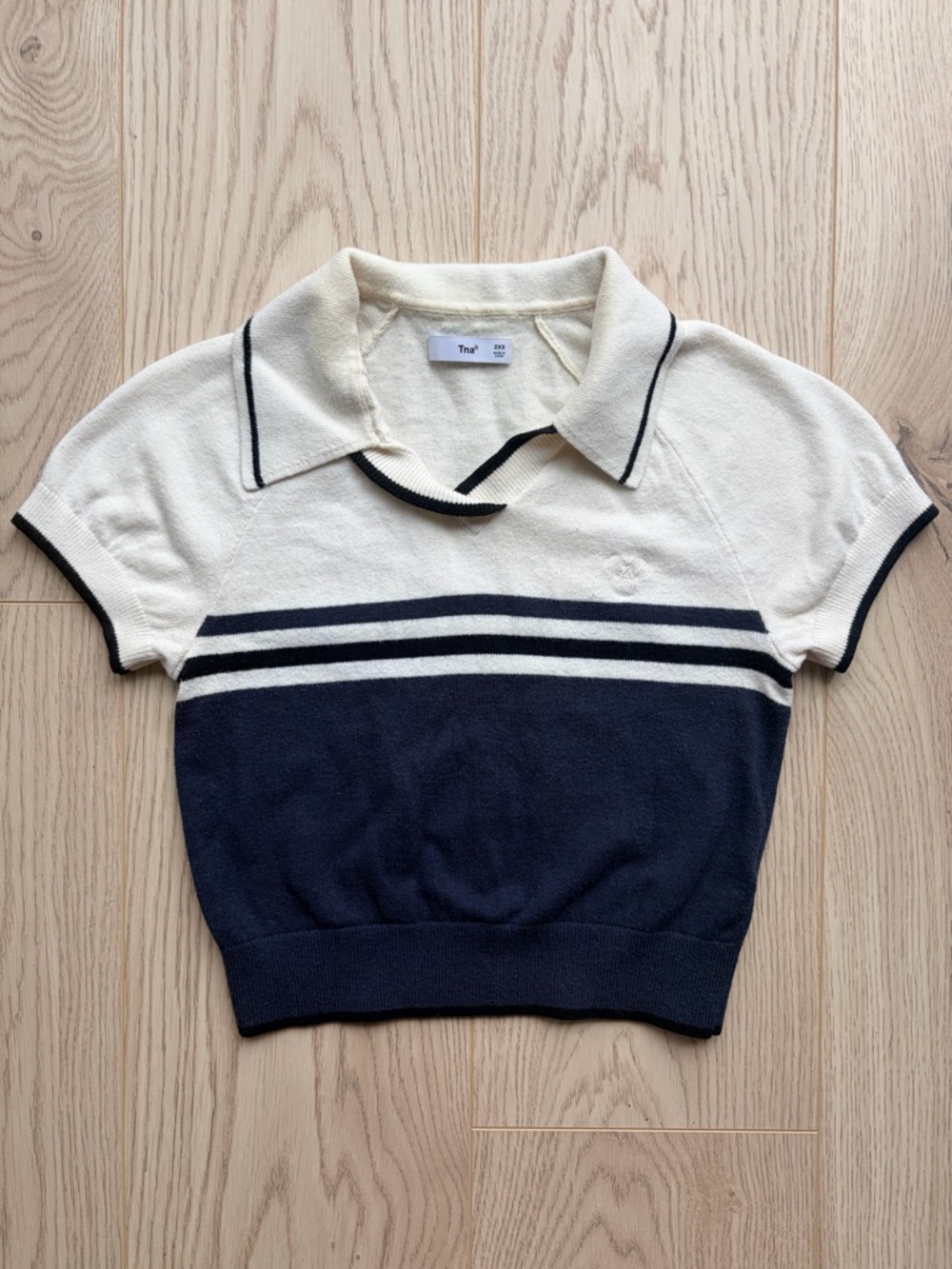 Aritzia TNA Assembly Knit Cropped Polo Sweater Navy White Stripe 2XS